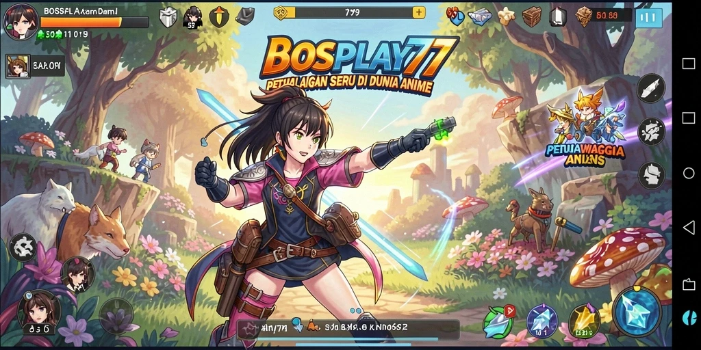 Screenshot gameplay BOSPLAY77 yang menampilkan pertarungan karakter anime.