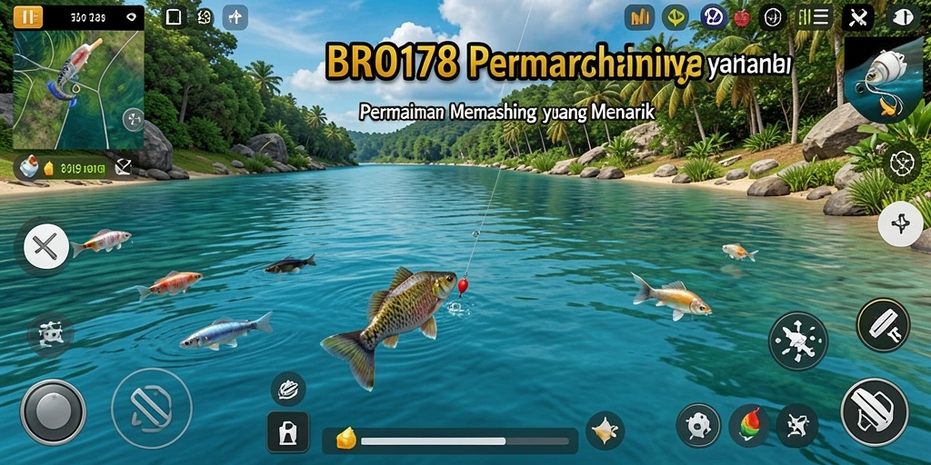 Tampilan gameplay BRO178 saat menangkap ikan di danau yang indah.
