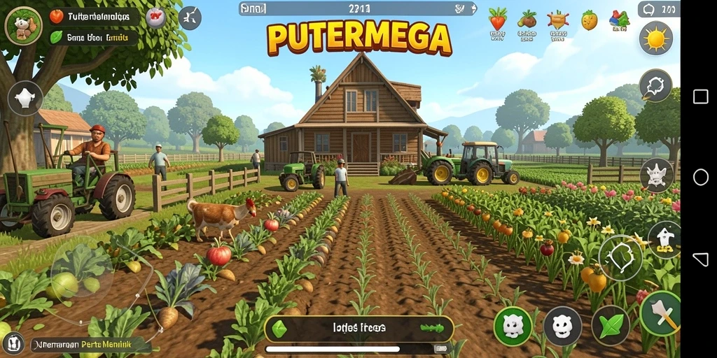 Tangkapan layar utama dari gameplay PUTERMEGA yang menampilkan kebun yang subur dan interaktif.